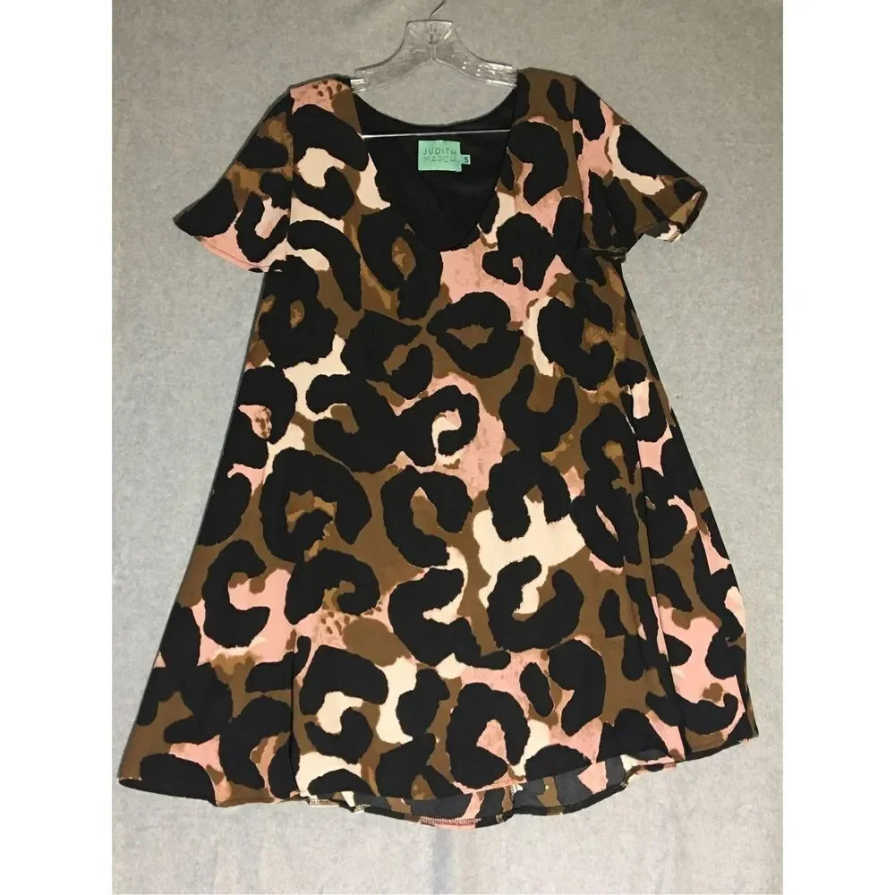 Womens Judith March Dress Size Small Black Pink Brown Animal Print Abstract